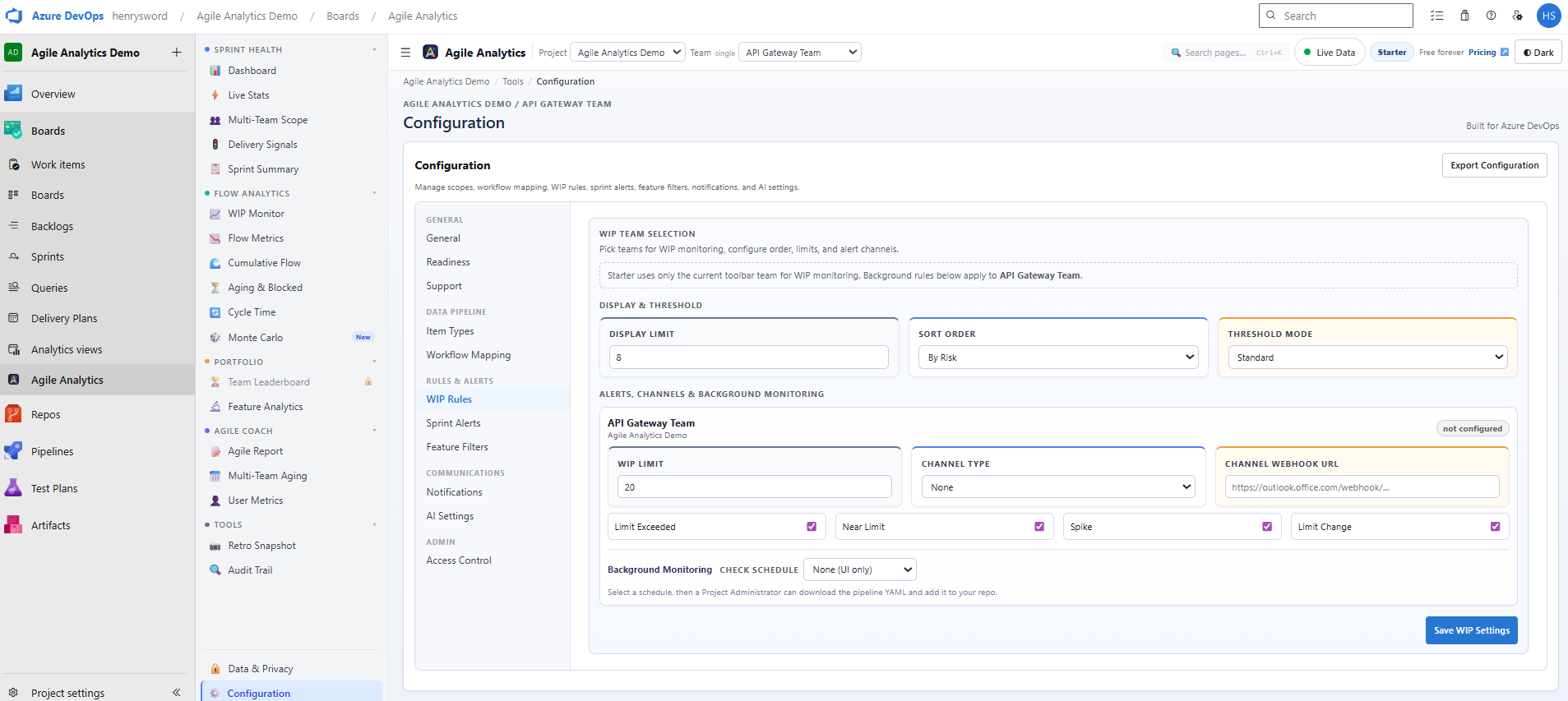 WIP Monitor — Active items with age and configurable team WIP limits