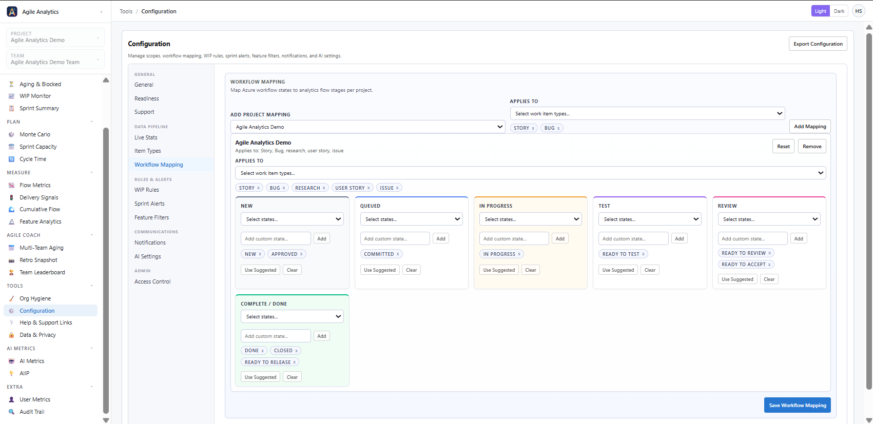 Workflow Mapping — Auto-discovered project states with a live cycle-time preview panel