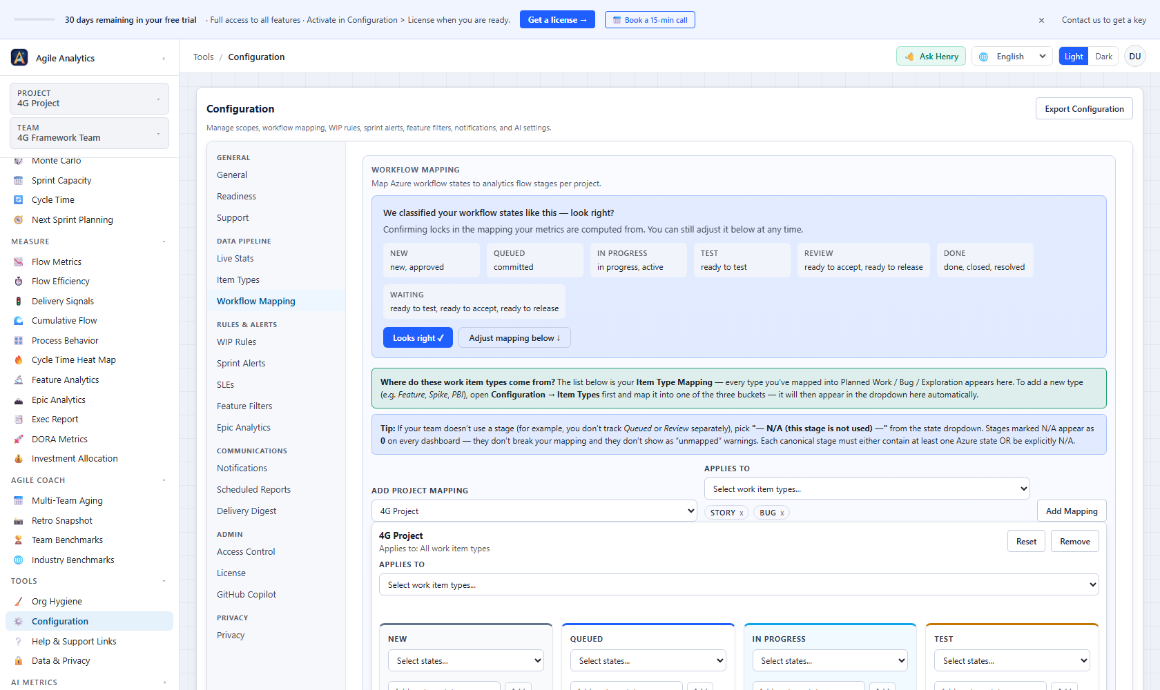 Workflow Mapping — Auto-discovered project states with a live cycle-time preview panel