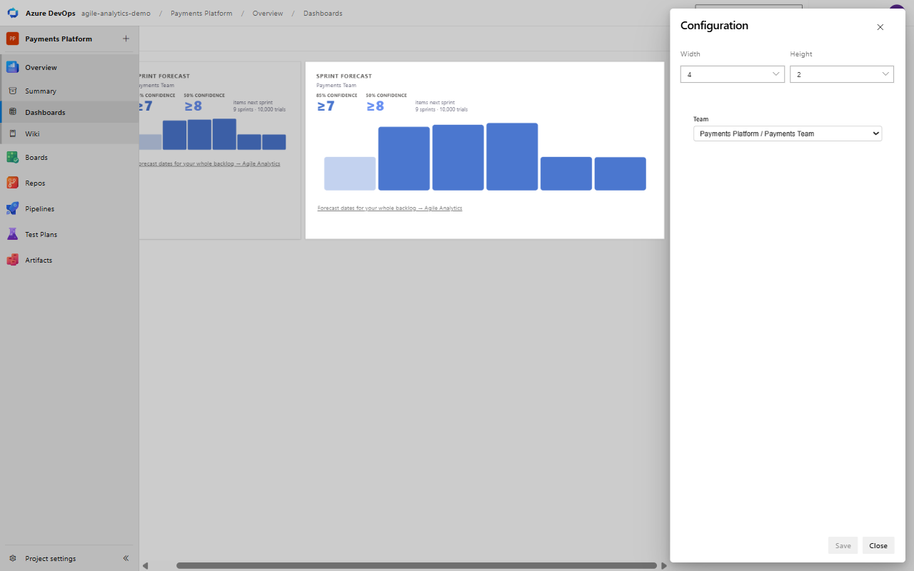 The widget's Configure panel in Azure DevOps with the Team list set to Payments Platform / Payments Team