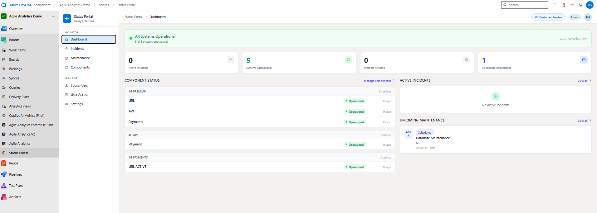 Dashboard overview showing system health, active incidents, and maintenance