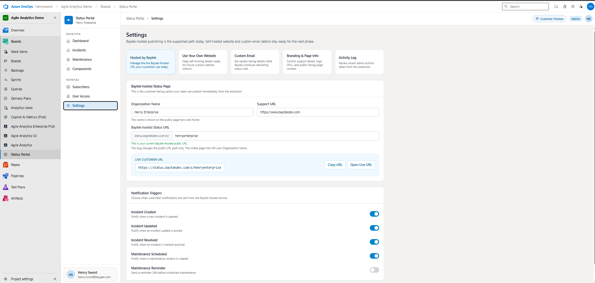 Settings page showing domain, email, and notification configuration