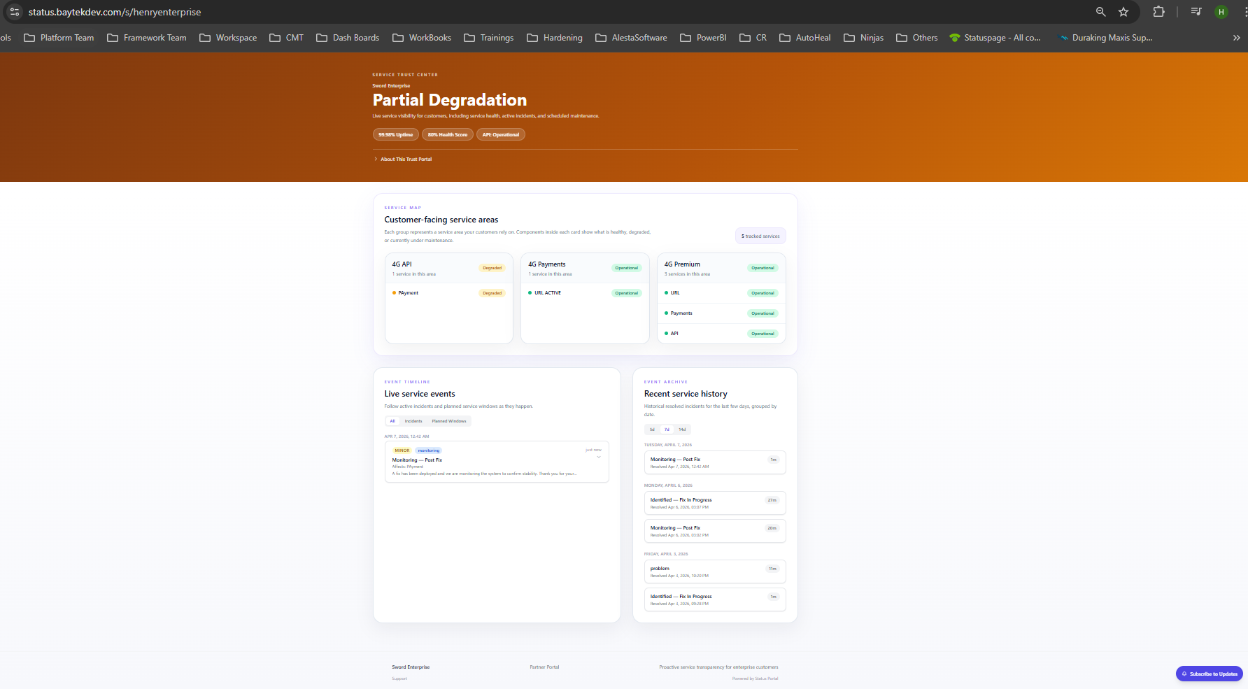 Public status page showing partial degradation and service events
