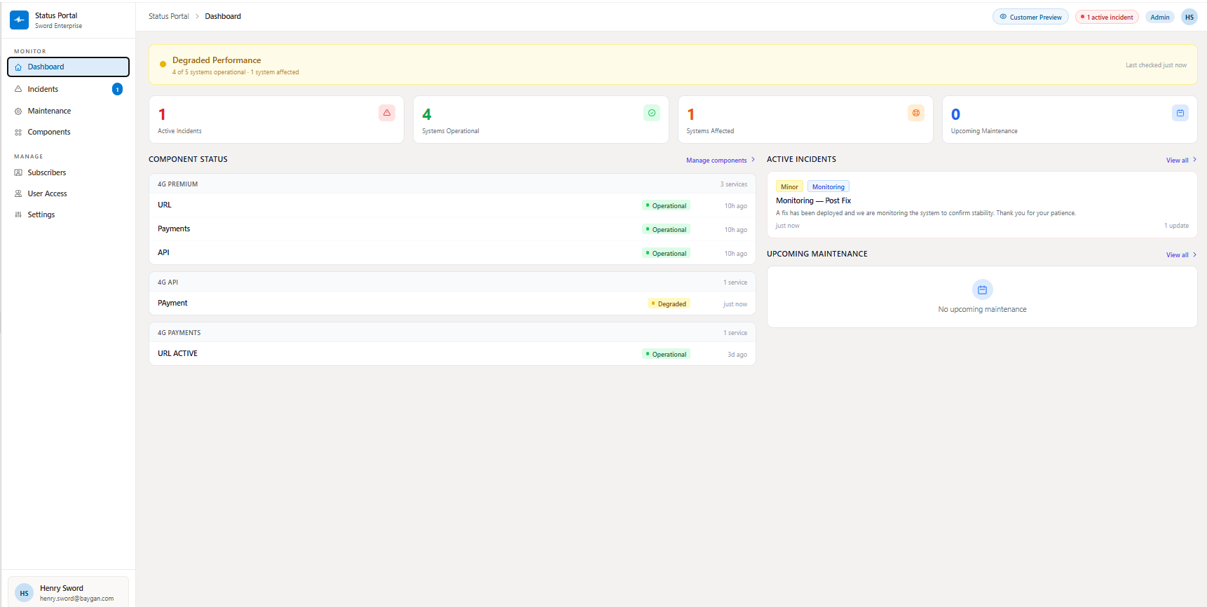 Incident management with active incidents and degraded service status