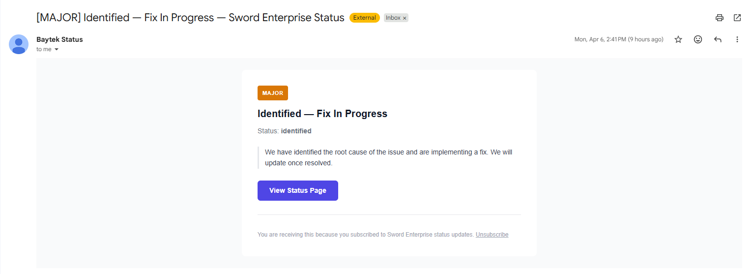 Incident email notification sent to subscribers